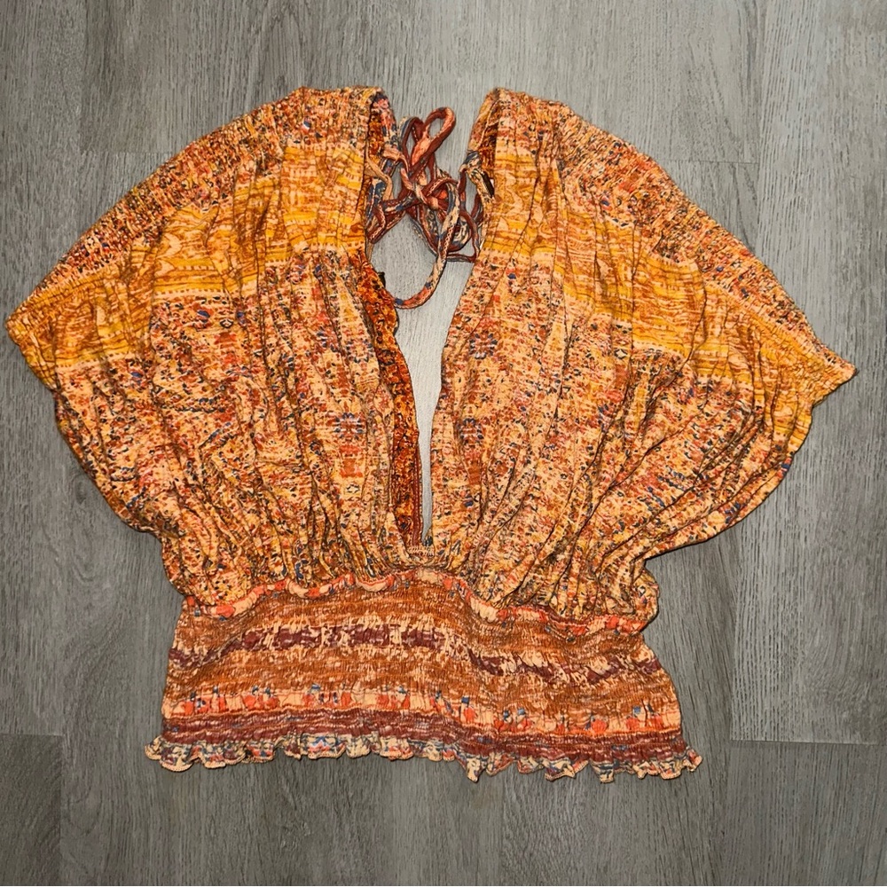 Free People Orange Flutter Sleeve Blouse with Smocked Detail